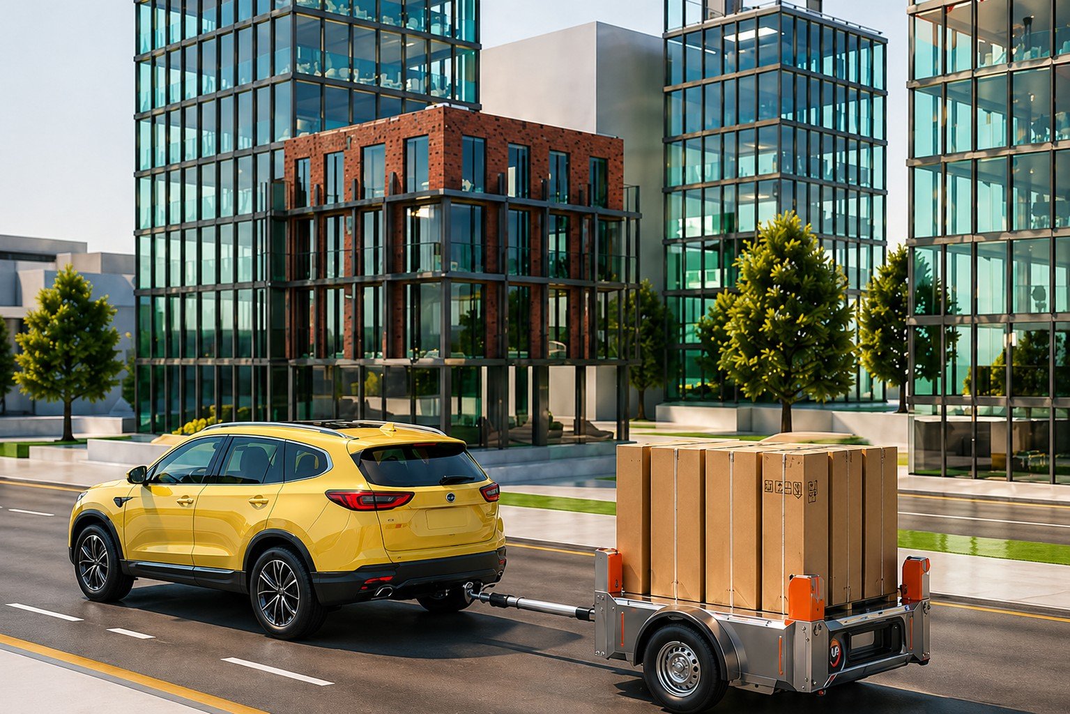 Turismo amarillo remolcando el sistema Urban Pallet en una calle urbana con edificio moderno al fondo