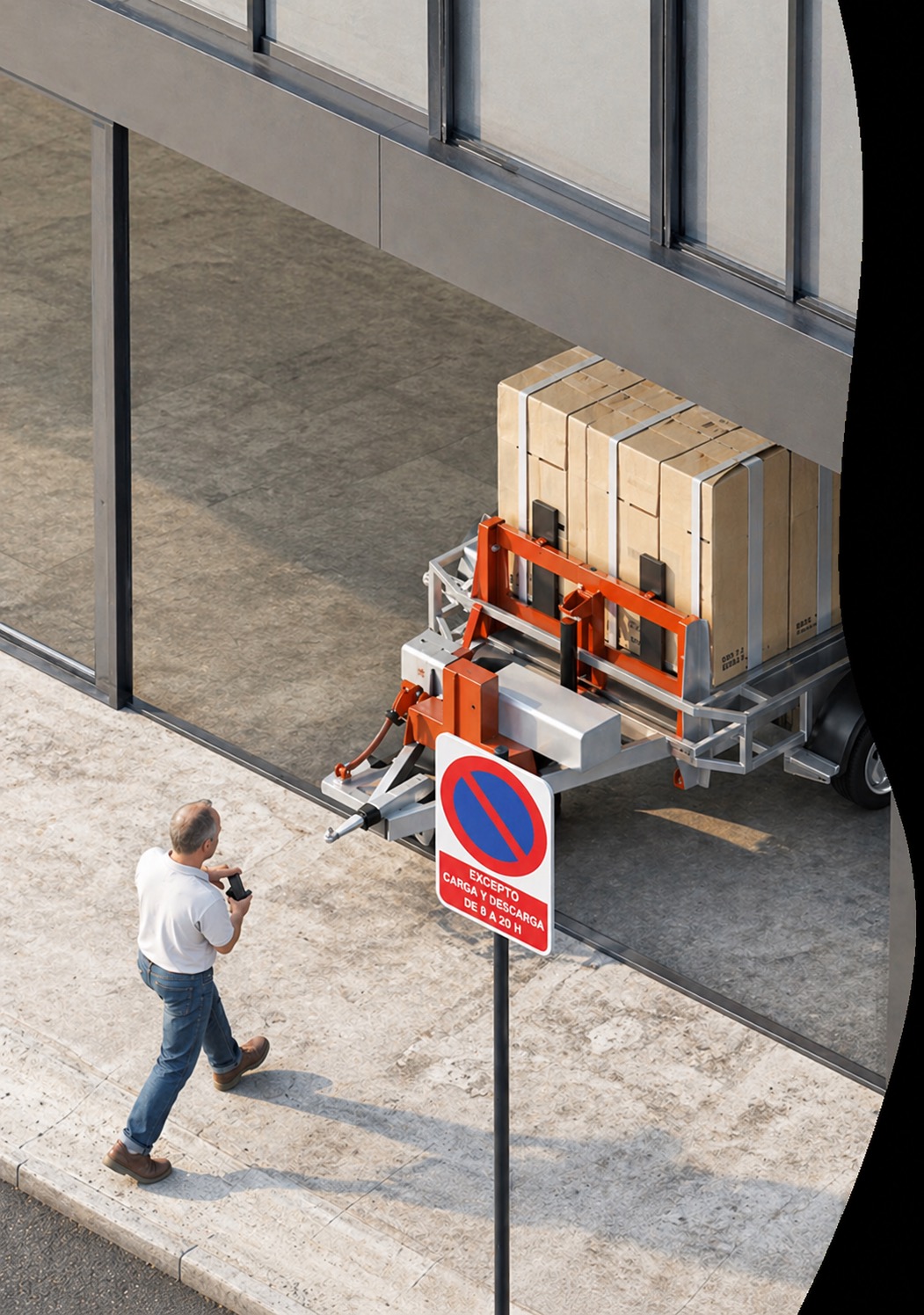 Urban Pallet remolcado por una furgoneta llegando a la puerta del cliente en una zona de carga y descarga urbana